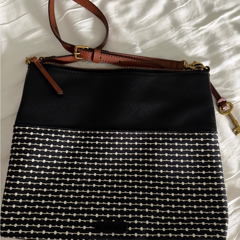 Fossil Leather-Trim Black & Cream Crossbody Bag